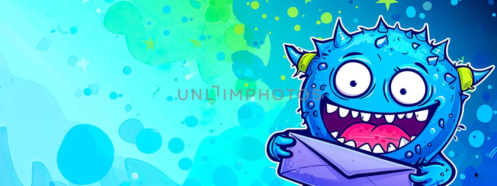 Cheerful Blue Cartoon Monster Reading a letter - Child-Friendly Fantasy Illustration by Edophoto