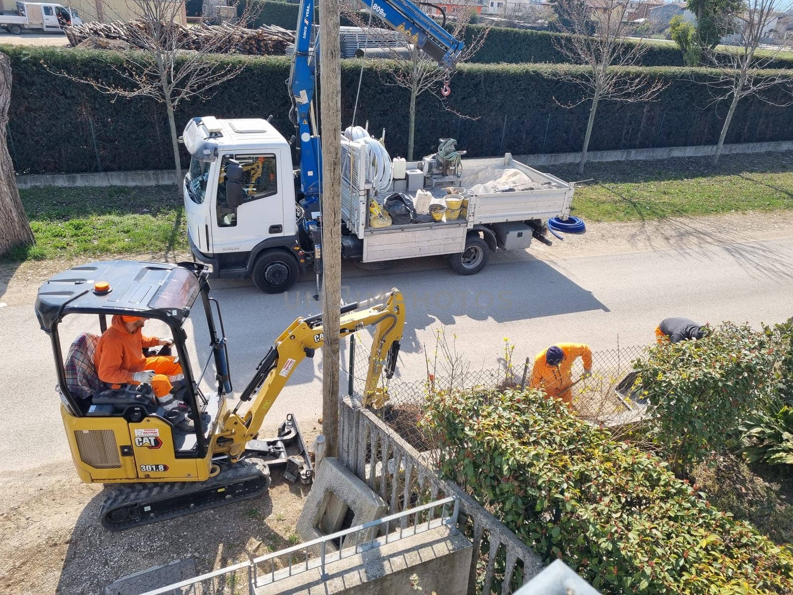 Excavator driving truck near asphalt road and trees