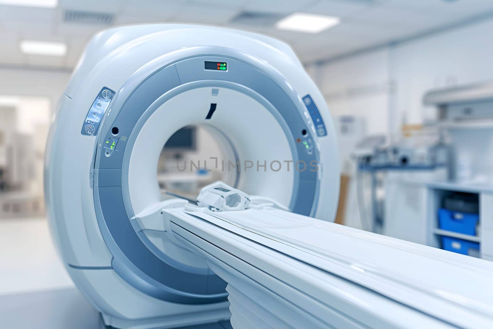 Advanced mri or ct scanner, medical diagnostic machine at hospital lab. Neural network generated image. Not based on any actual scene or pattern.