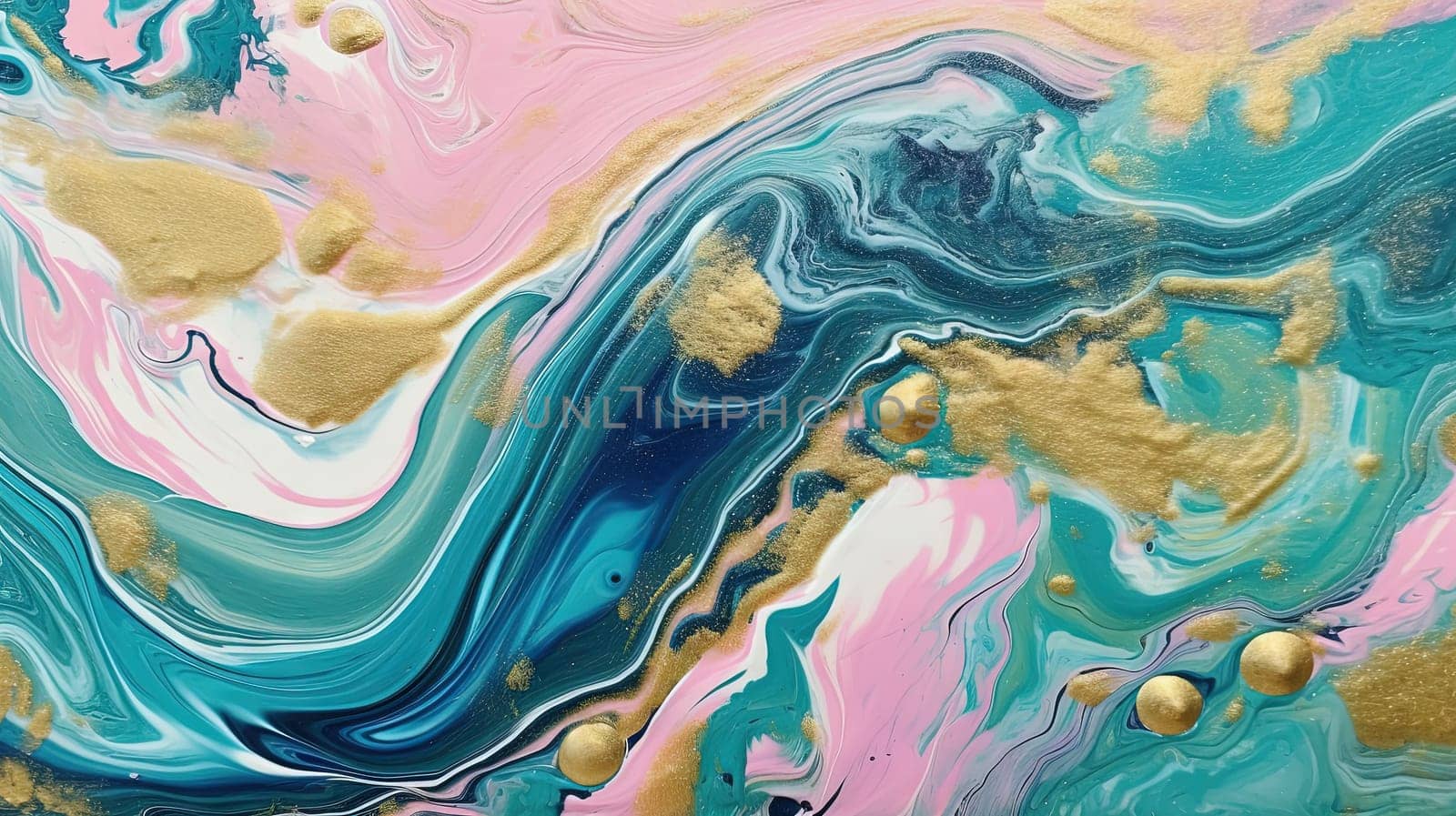 Abstract artistic background with green and pink marble and golden paint stains. Generated AI