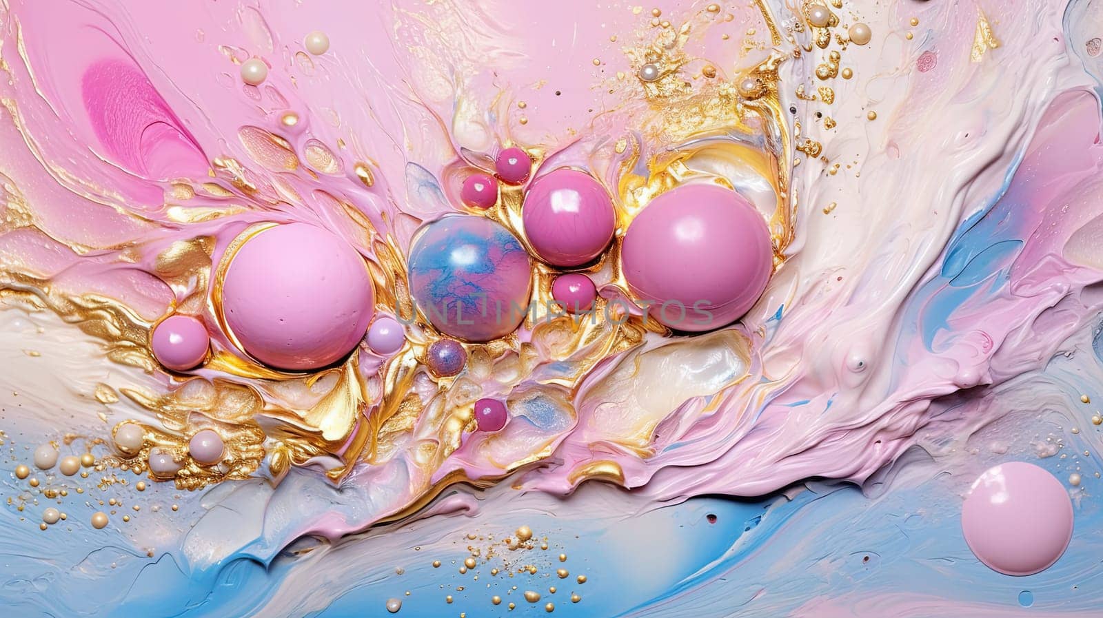 Abstract artistic background with pearlescent pink marble and holographic golden paint stains. Generated AI