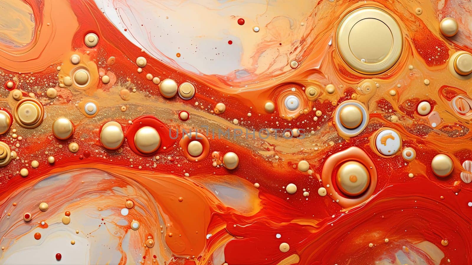 Abstract artistic background with red marble and golden paint stains. Generated AI