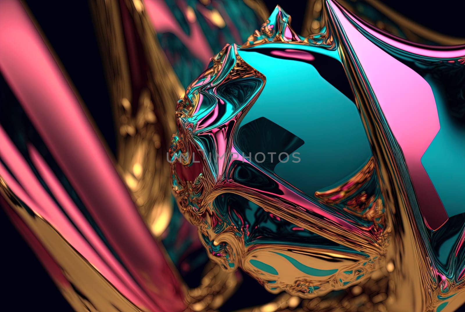 Abstract background with free 3D golden shapes, flowing and melting in surreal motion. Soft splashing abstract forms background with blue and purple crystal inclusion. Generated AI
