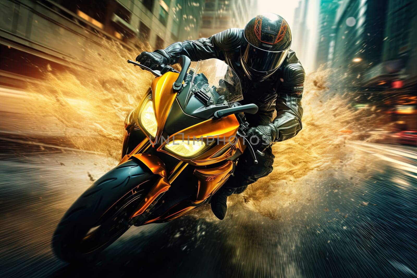 Action shot with man riding away from explosion on bike. Dynamic scene with fire in action movie blockbuster style. Generated AI