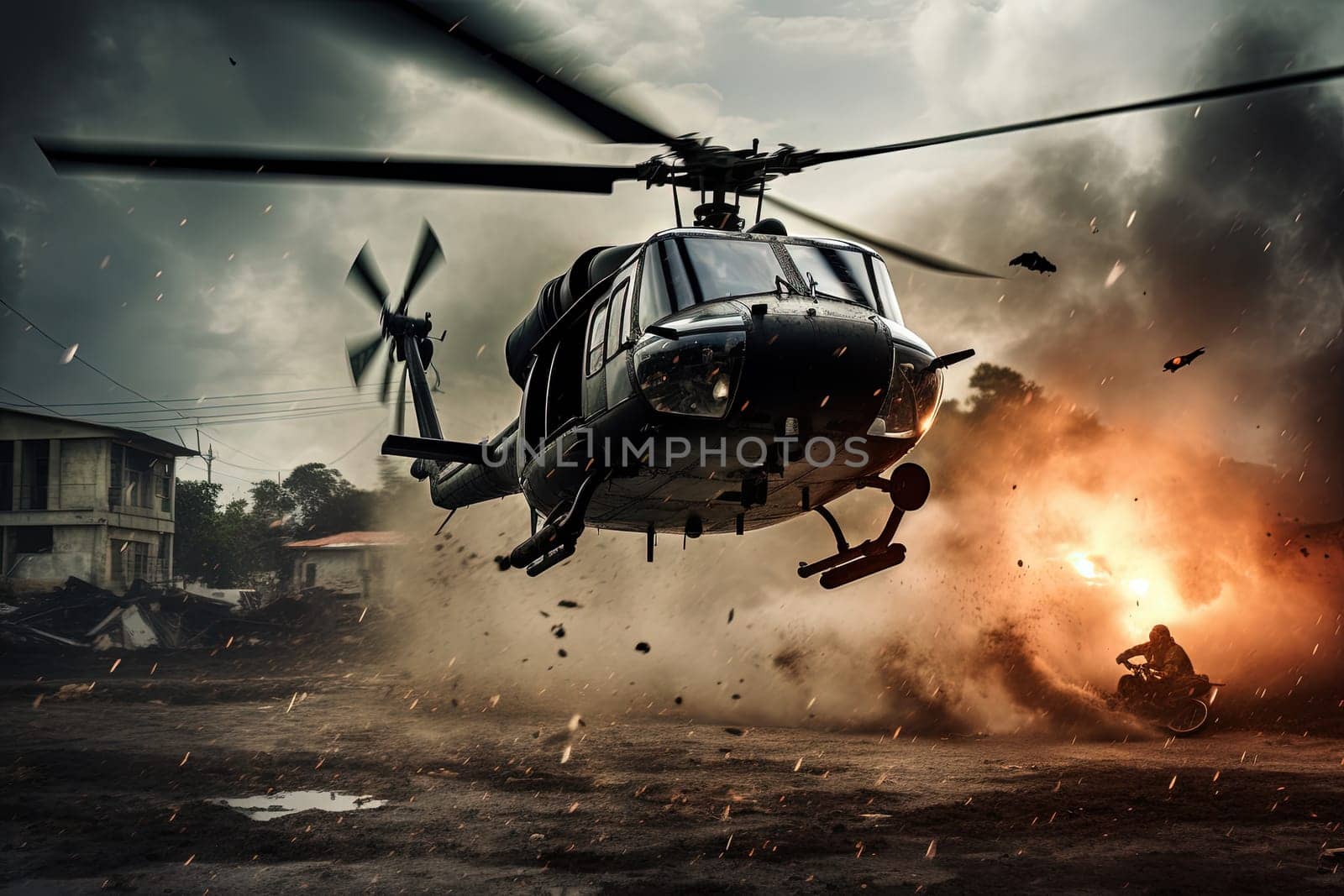 Action shot with helicopter flying in the air. Dynamic scene in action movie blockbuster style. Generated AI.
