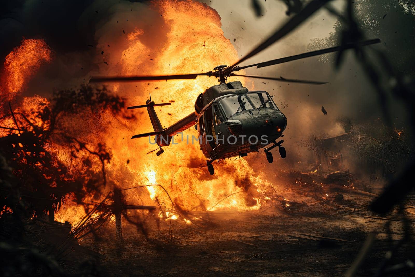 Action shot with helicopter hovering in the air over flame and explosions. Dynamic scene in action movie blockbuster style. Generated AI.