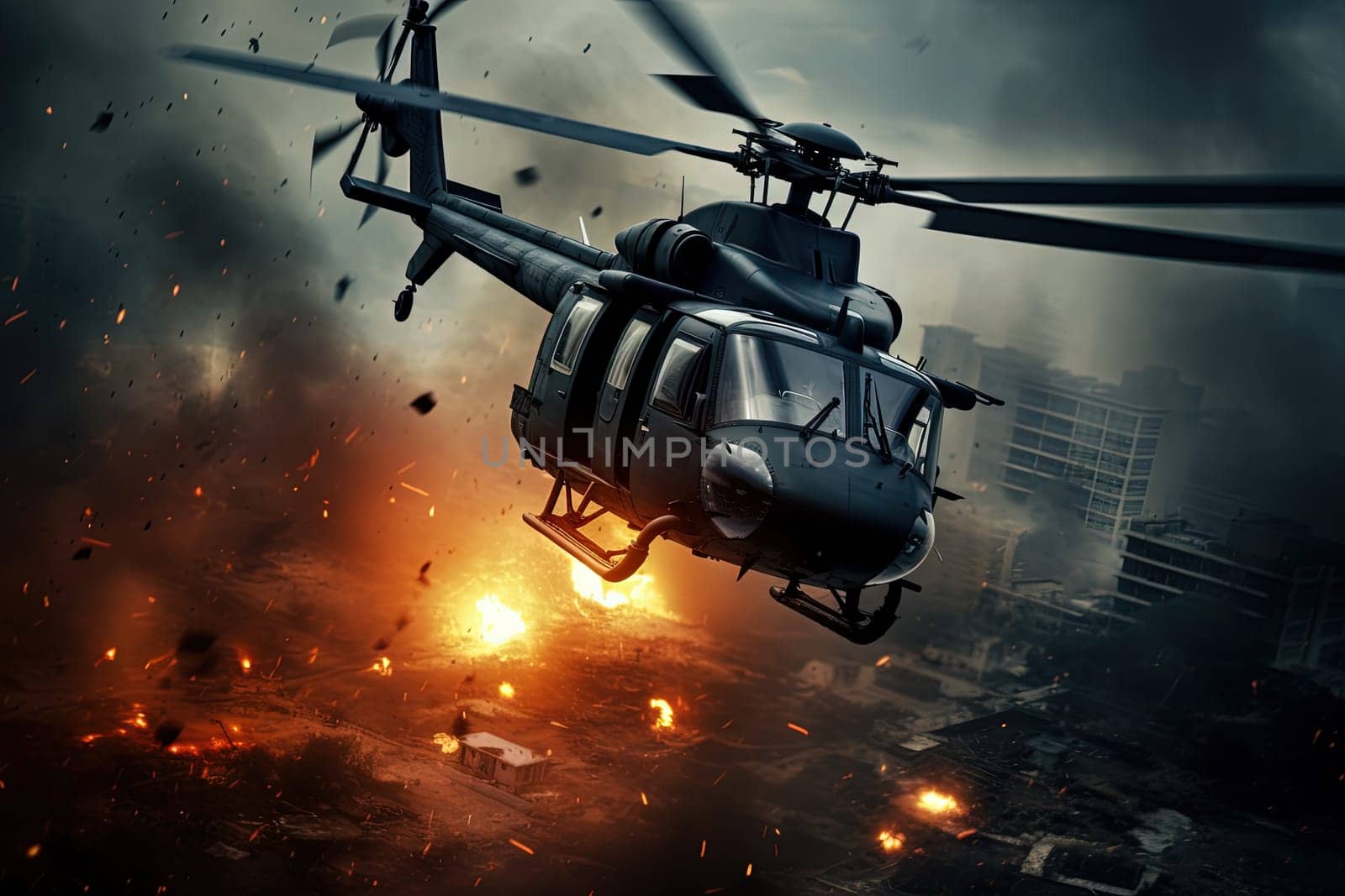 Action shot with helicopter hovering in the air over flame and explosions. Dynamic scene in action movie blockbuster style. Generated AI.