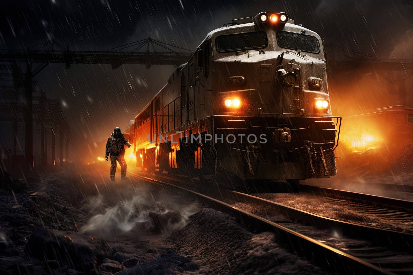 Action shot with man jumping off the train. Dynamic scene with railway carriage explosion in action movie blockbuster style. Generated AI