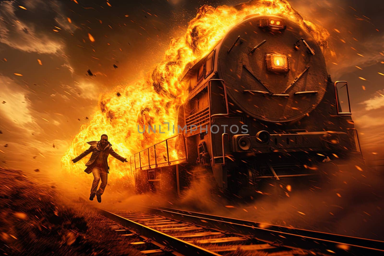 Action shot with man jumping off the train. Dynamic scene with railway carriage explosion in action movie blockbuster style. Generated AI