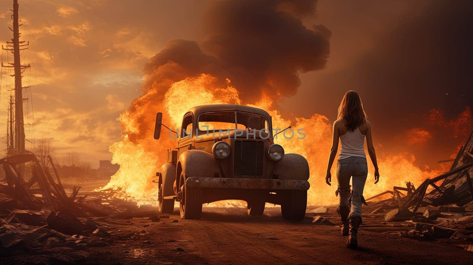 Action shot with woman near the burning old truck. Dynamic scene in action movie blockbuster style. Generated AI