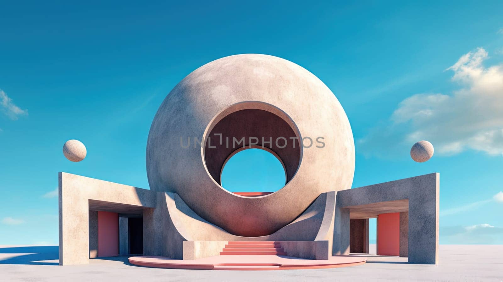 Abstract architecture surreal building. Dream scene with epic architectural abstraction under the blue sky. Generated AI