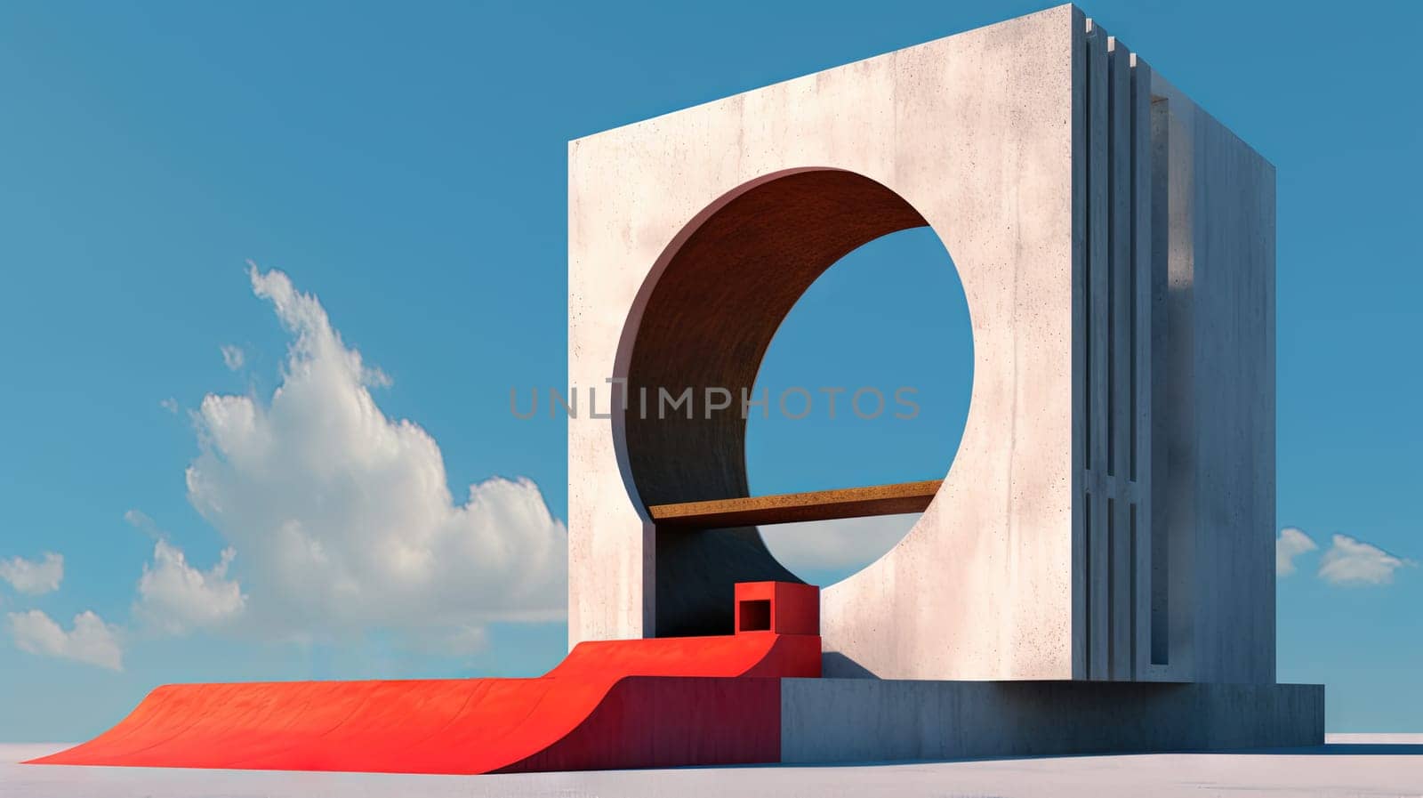 Abstract architecture surreal building. Dream scene with epic architectural abstraction under the blue sky. Generated AI