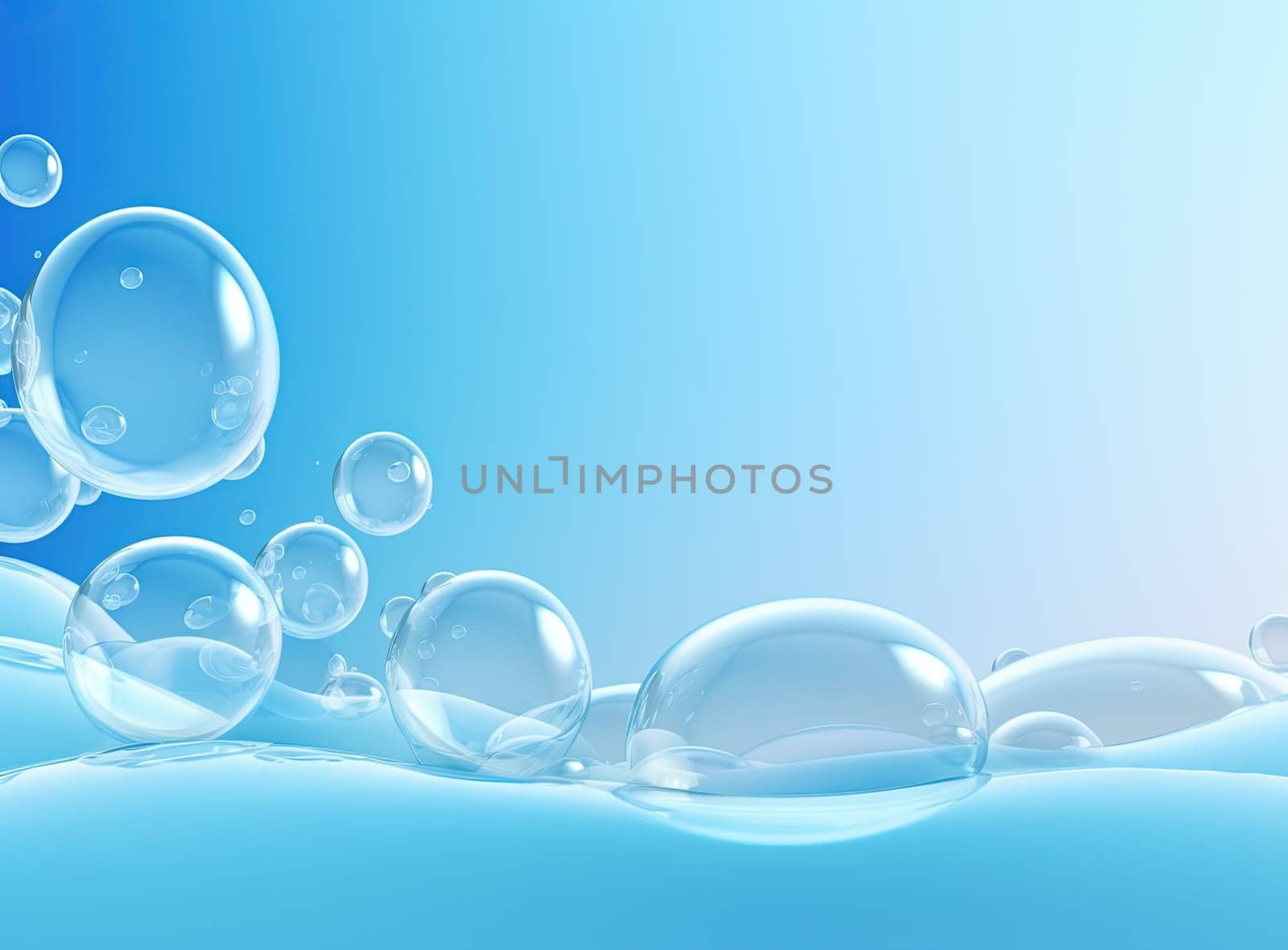 Soaring bubbles on blue background. Abstract soap bubbles floating background. Generated AI