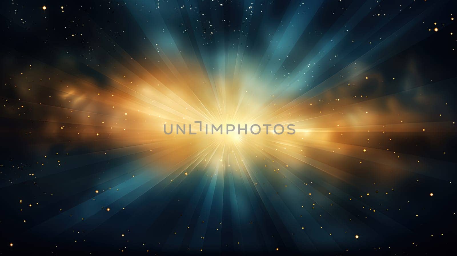 Abstract backgound with blue and orange light rays. God rays or light burst with bokeh. Generated AI