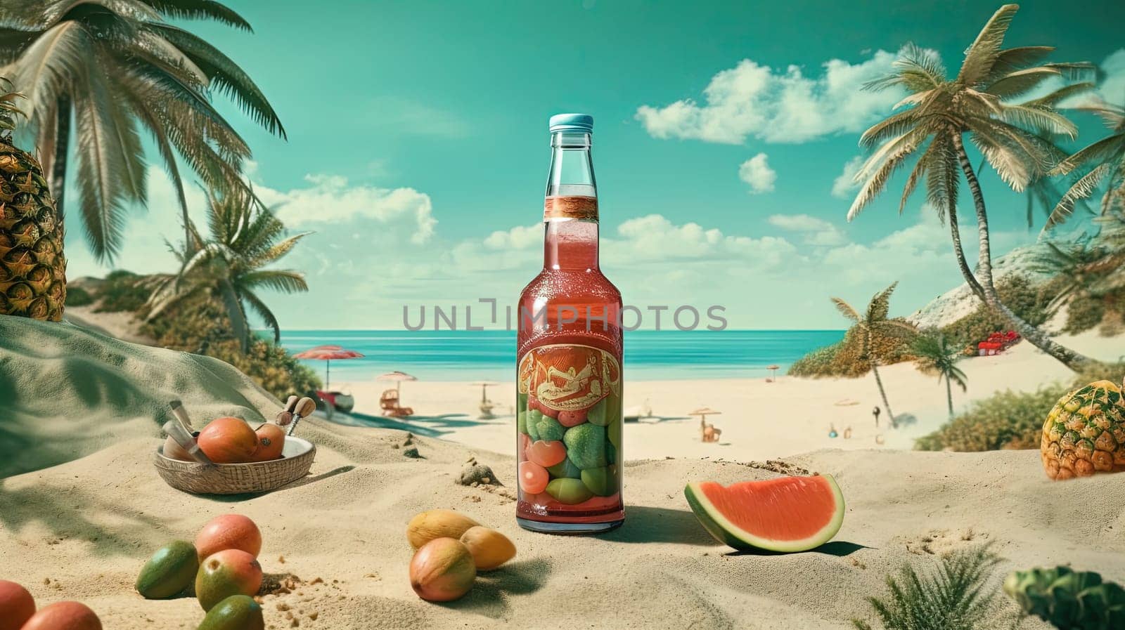 Bottle with fruit water or alcohol in the sand of the beach. Vacation scene with lemonade bottle on the shore line. Generative AI. by SwillKch