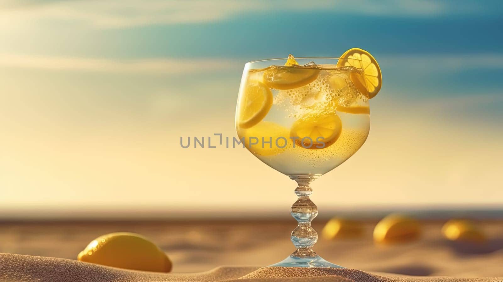 Glass with lemon water in the sand of the beach. Vacation scene with lemonade glass on the shore line. Generative AI.