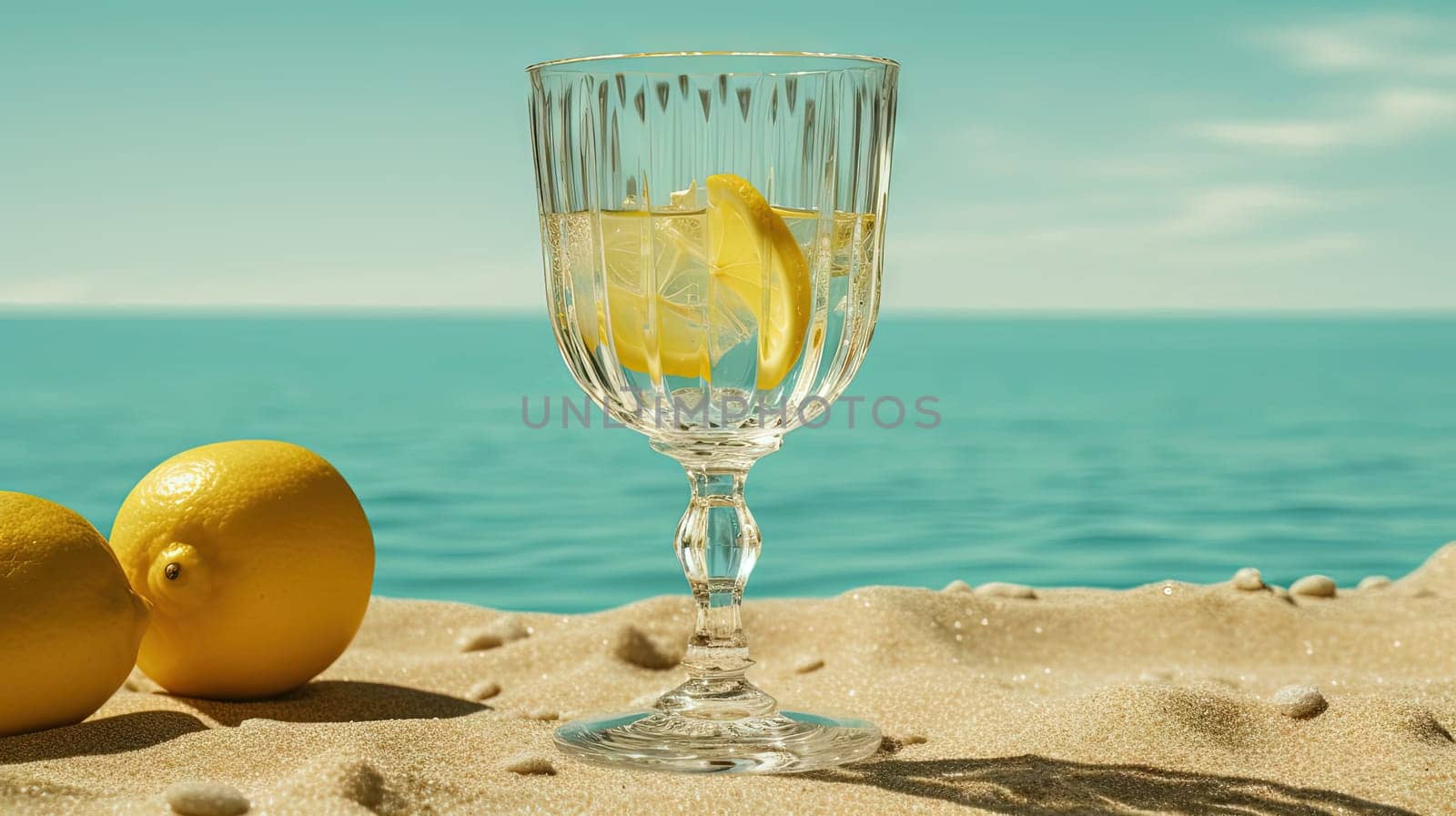 Glass with lemon water in the sand of the beach. Vacation scene with lemonade glass on the shore line. Generative AI.