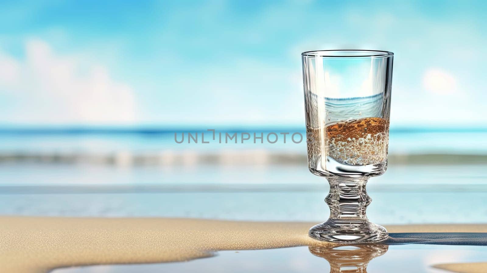 Glass with water in the sand of the beach. Vacation scene with glass on the shore line. Generative AI.