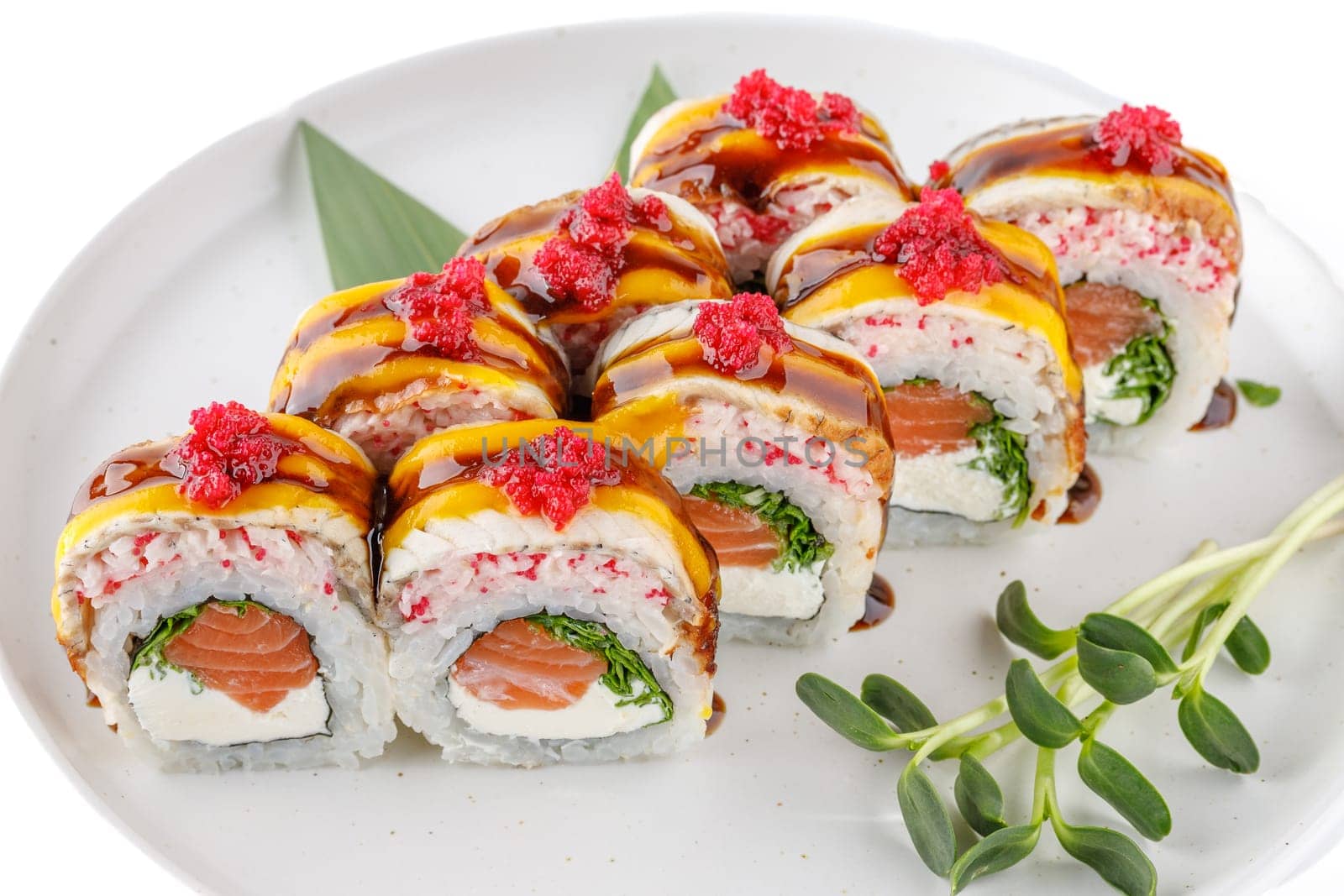 Roll scorched Aburi on a white background studio shooting
