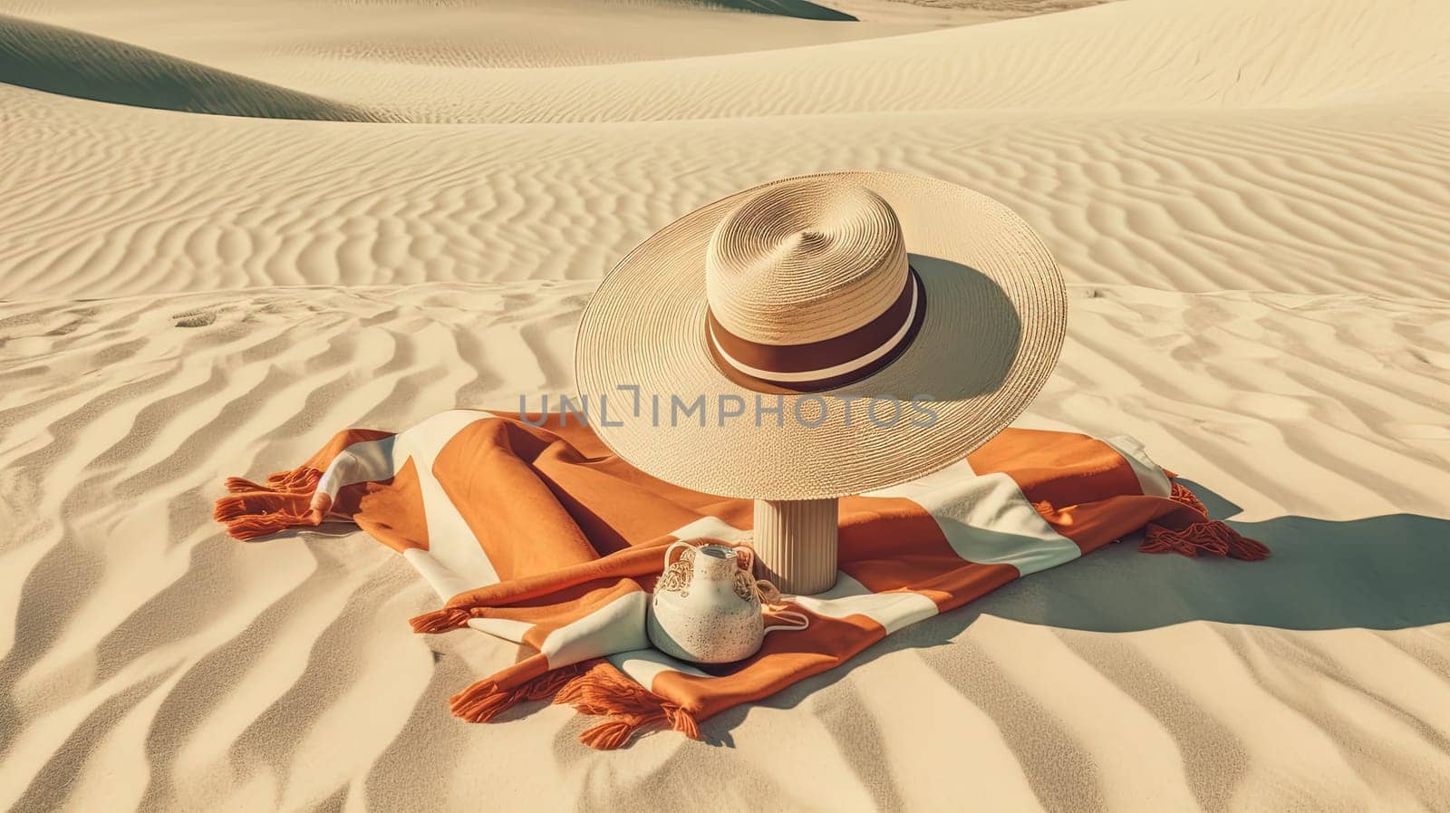 Hat and towel on the sand of the beach. Vacation scene with straw hat on the shore line. Generative AI