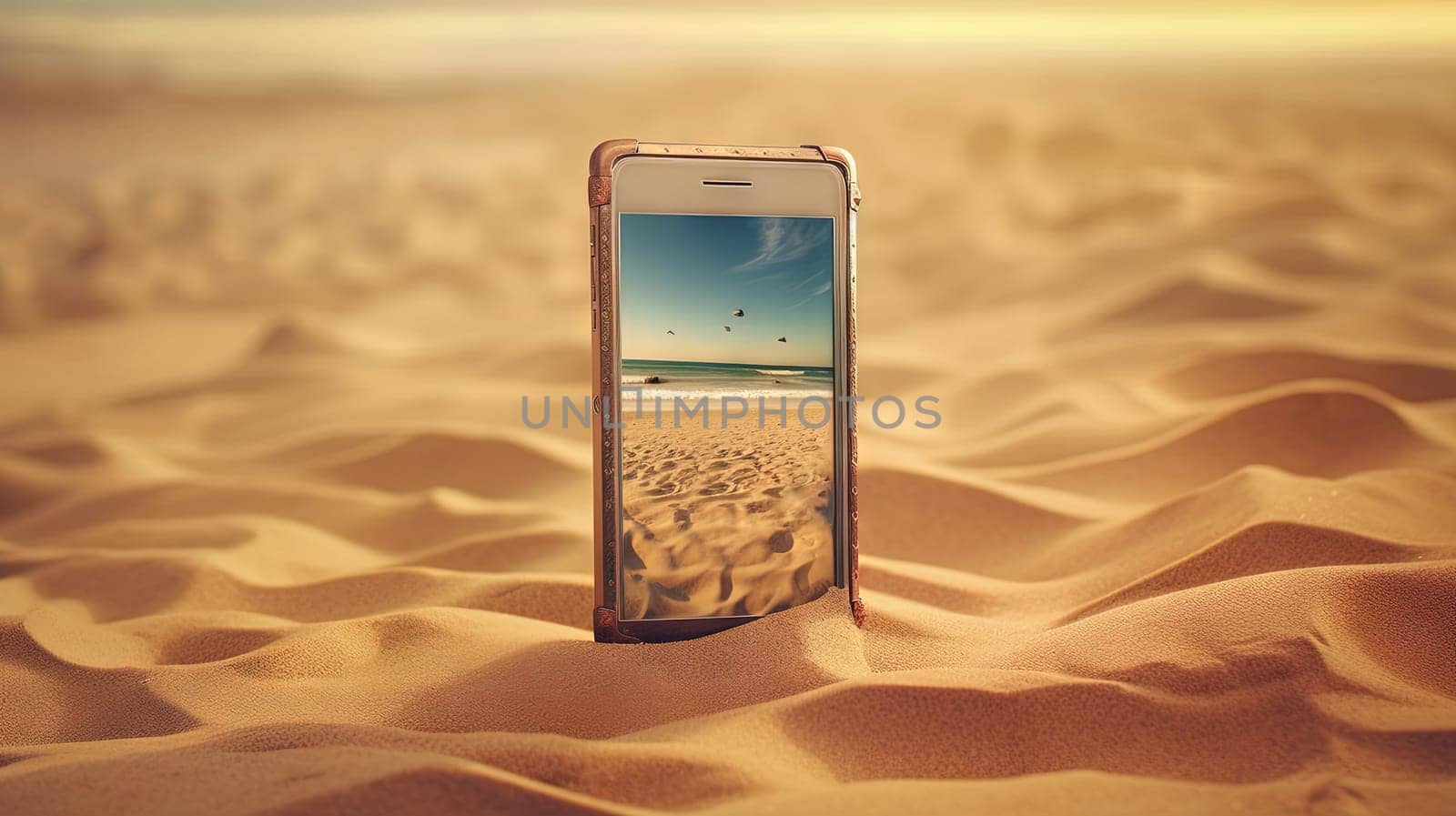 Smartphone in the sand of the beach. Vacation scene with phone on the shore line. Generative AI