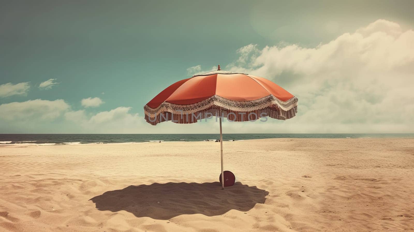 Umbrella on the hot sand of the beach. Grungy card with vacation scene of parasol on the shore line. Generative AI