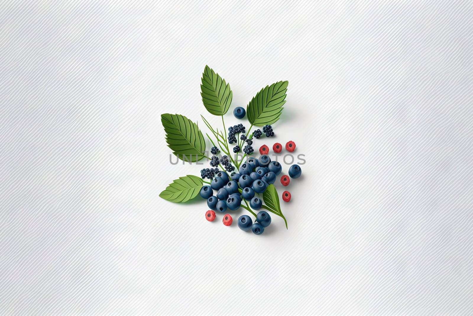 Various berries composition with leaves on white background. Juicy berries laying. Generated AI