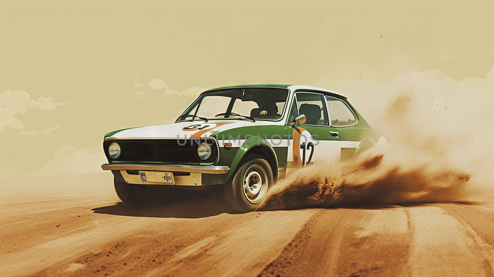 Vintage rally car splashing the dirt in retro 70s styled scene. Generated AI