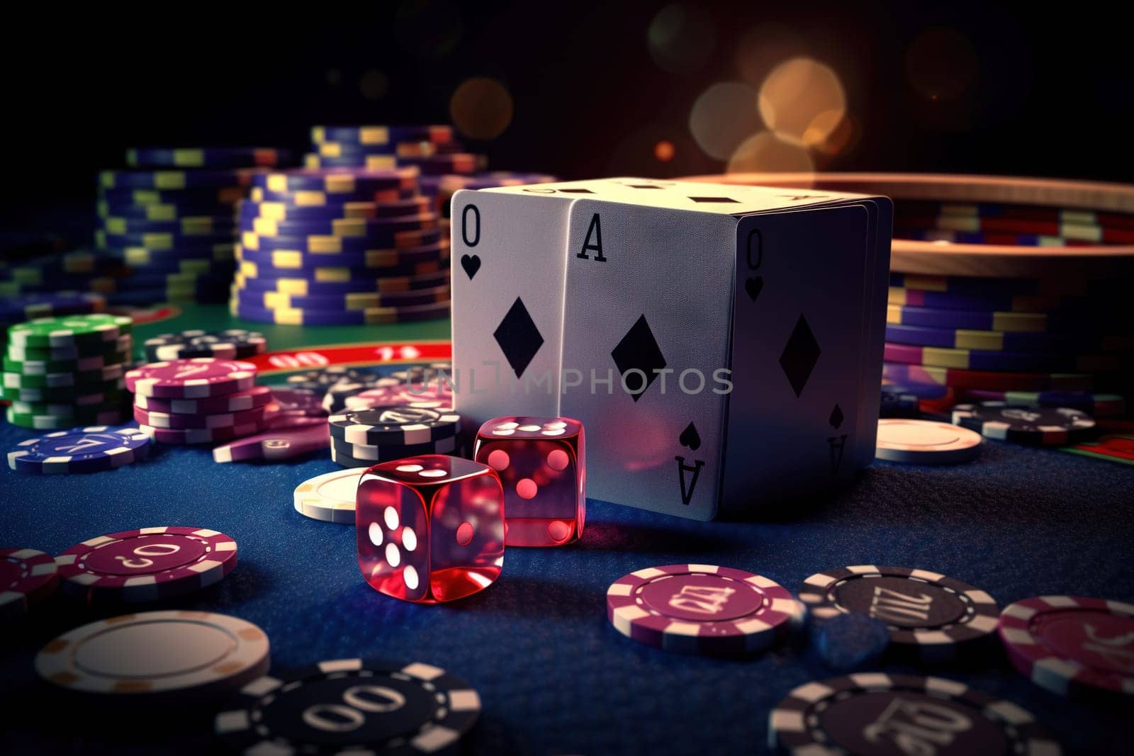 Casino concept with abstract gambling objects. Dark casino room with roulette, cards and dices. Generative AI