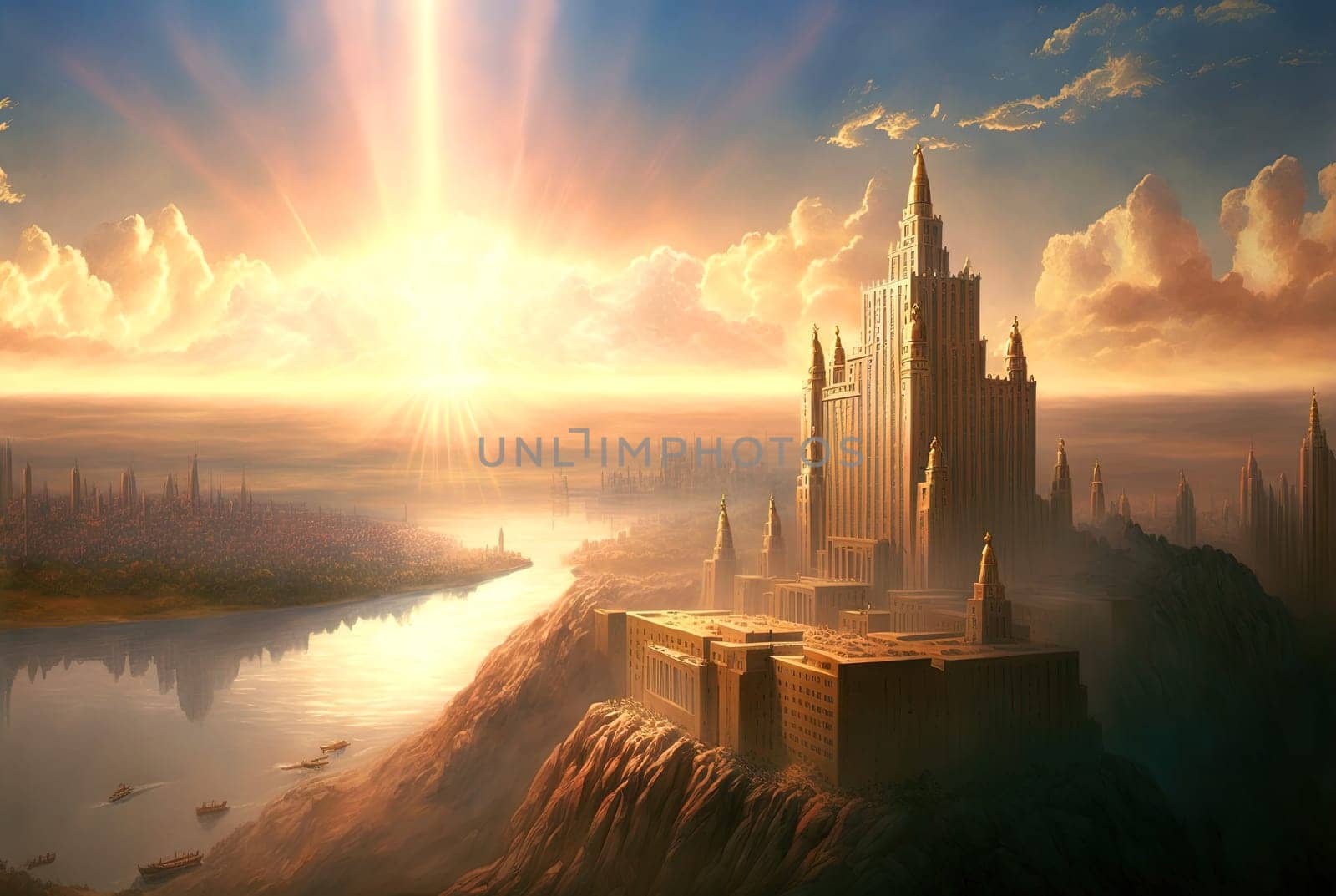 Fantasy city floating in the sky, surrounded by mountains and a river. Ancient castle in morning sun rays. Generated AI