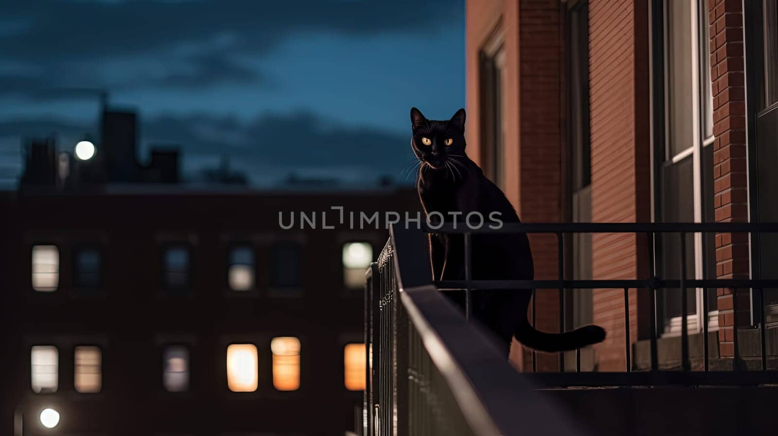 Black cat sitting on a railing at night, in the style of life in New York city. Generated AI