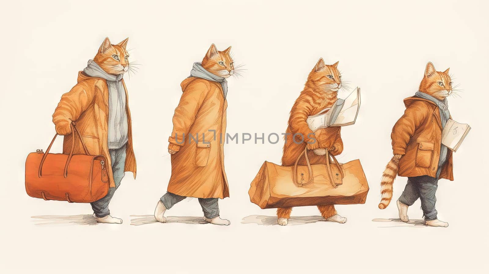 Cute cats family travelling with luggage. Watercolor styled kittens with suitcases. Generated AI