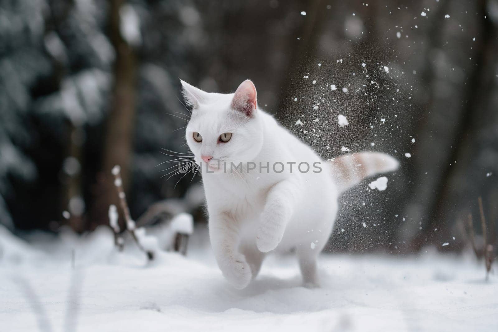 Cat playing in the snow in winter season. Cute kitten having fun with white snow. Generated AI