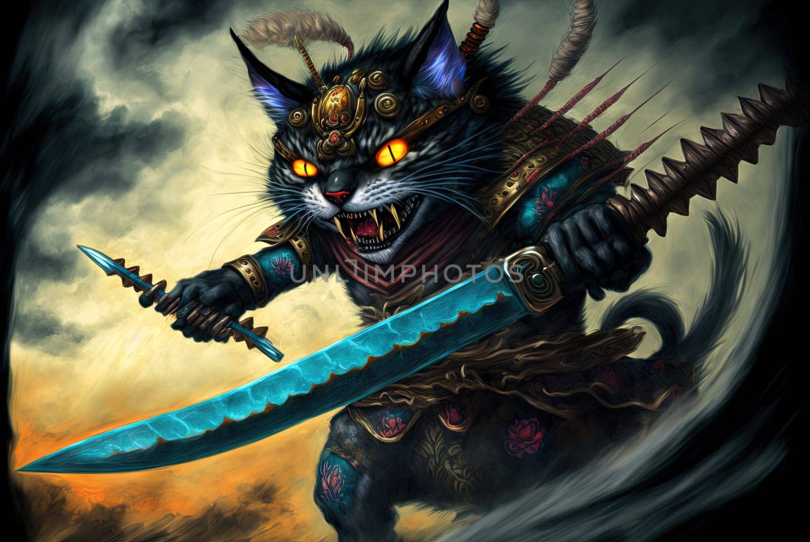 Cat samurai in traditional drawing style. Japanese styled art with kitten warrior in kimono. Generated AI