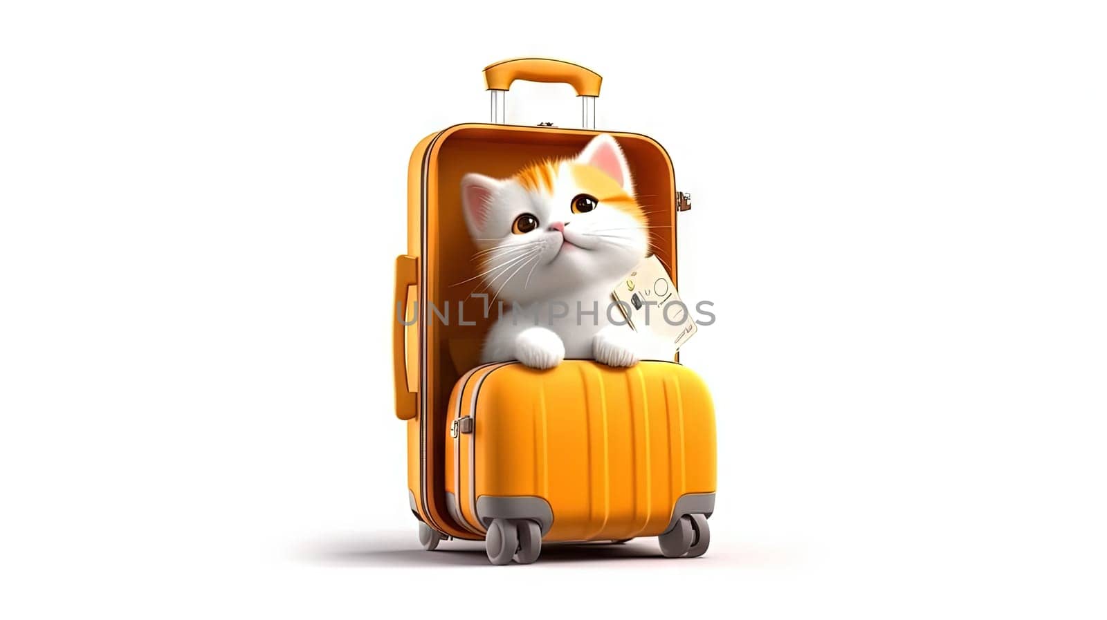 Cute white cat sitting in the suitcase. Sweet fluffy kitten is ready to travel. Generated AI