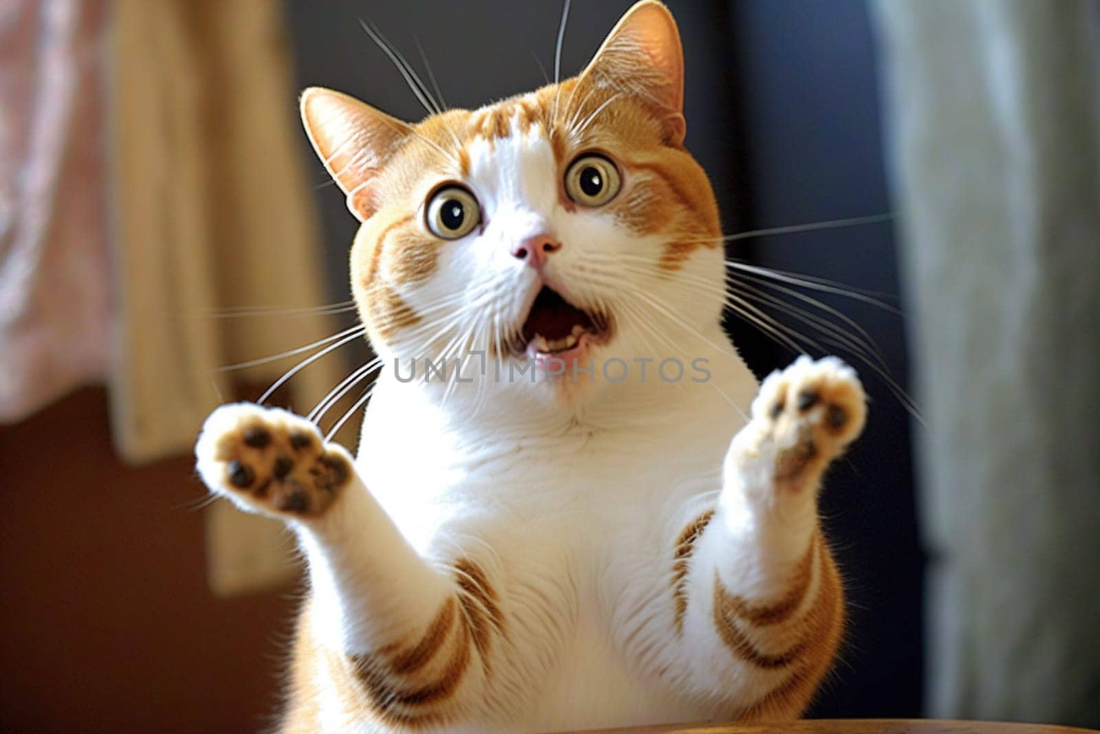 Funny surprised cat with a questioning pose. A cute kitten asks in surprise where the treats are. Generated AI