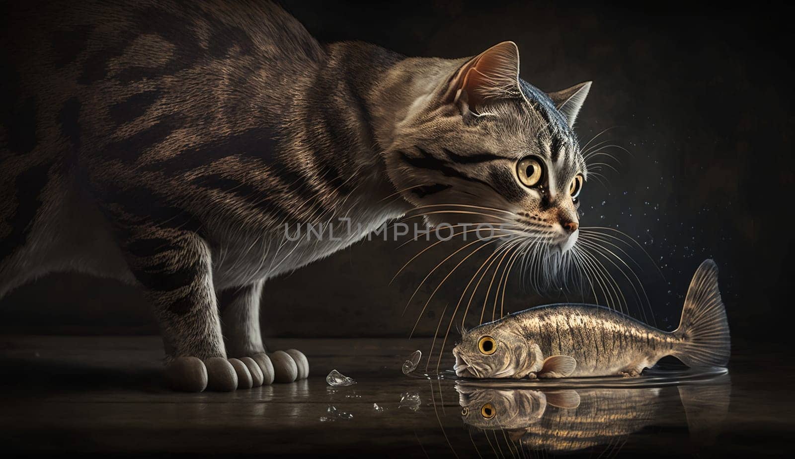 Cute cat watching the fish. Funny kitten sniffing the fish. Generated AI