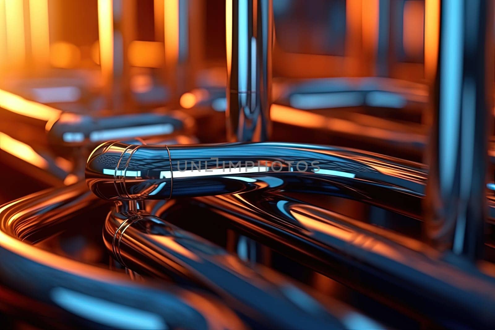 Abstract chrome pipes composition. Industry themed background with shiny metallic connected pipes. Generated AI