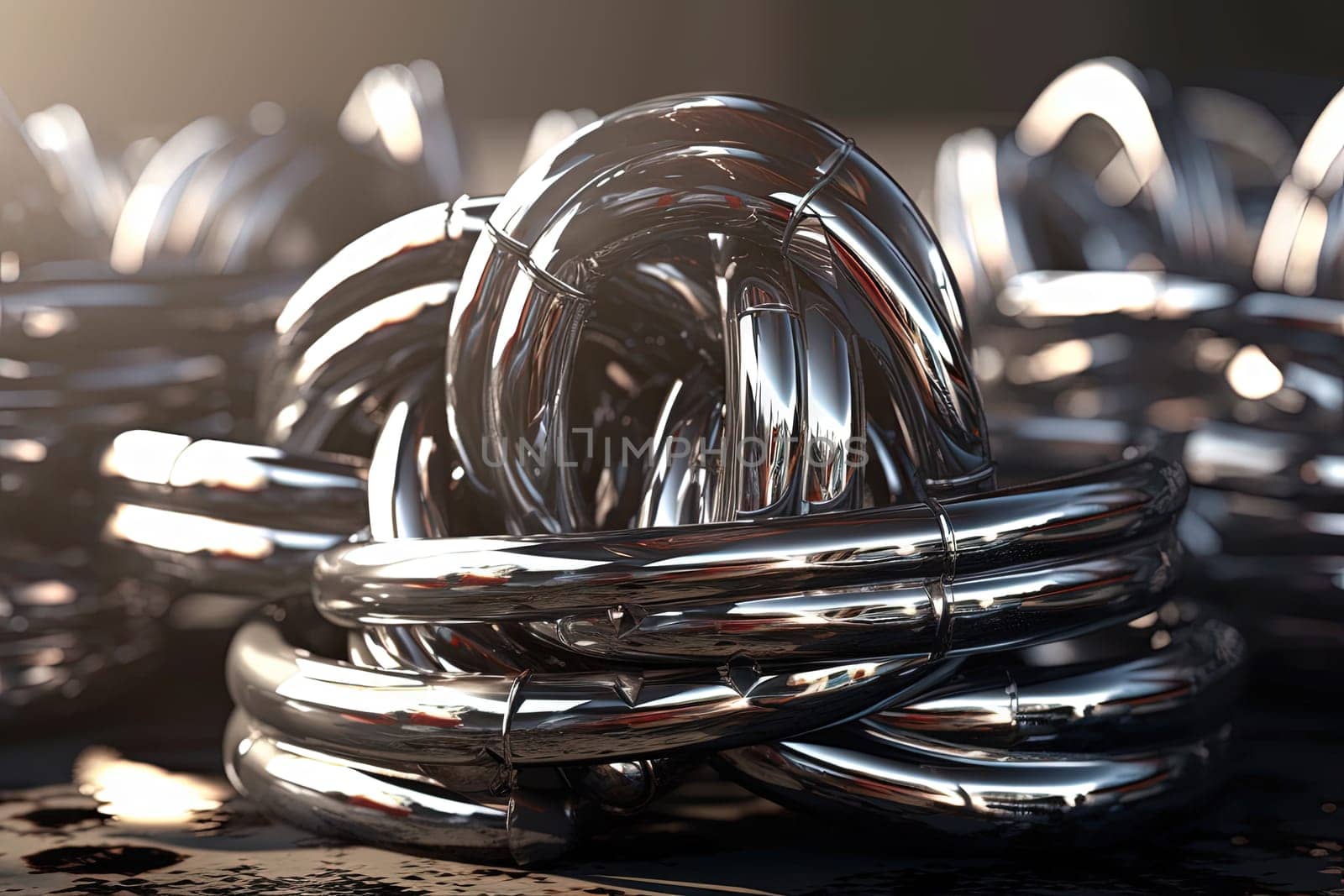 Abstract chrome pipes composition. Industry themed background with shiny metallic connected pipes. Generated AI