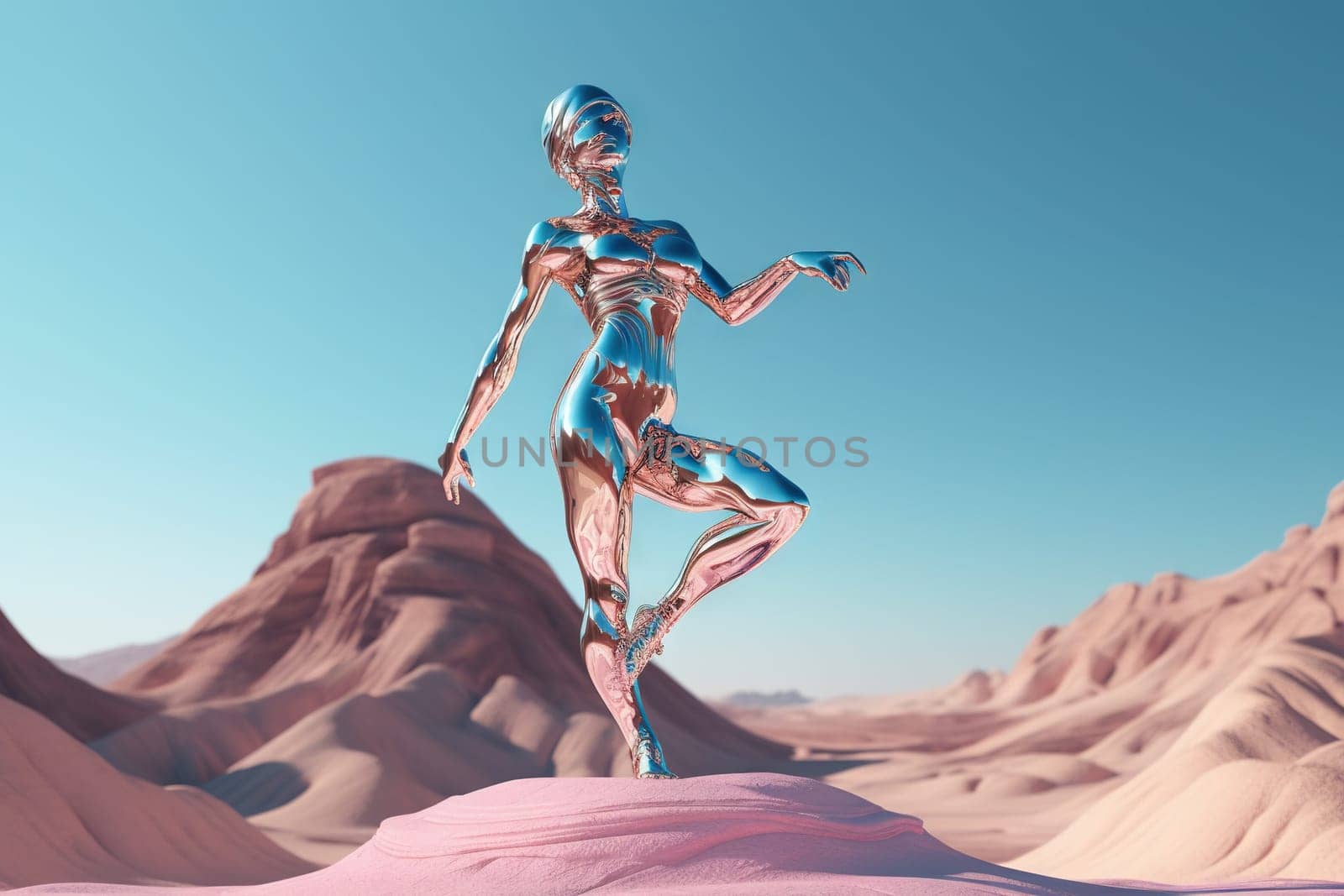 Crome robot woman dancing in the desert. Artificial intelligence rise and shiny. Mechanical beauty. Generated AI