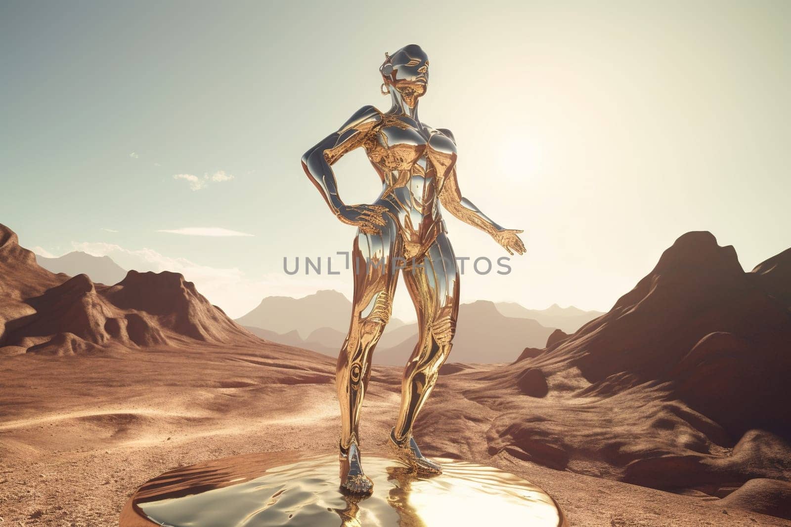 Crome robot woman posing with spread arms. Artificial intelligence rise and shiny. Mechanical beauty. Generated AI