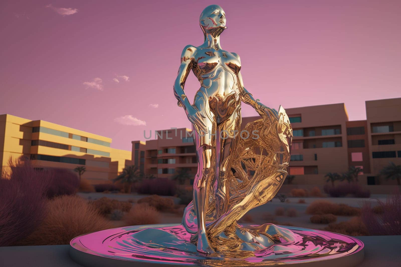 Crome robot woman standing in the desert. Artificial intelligence rise and shiny. Mechanical beauty. Generated AI