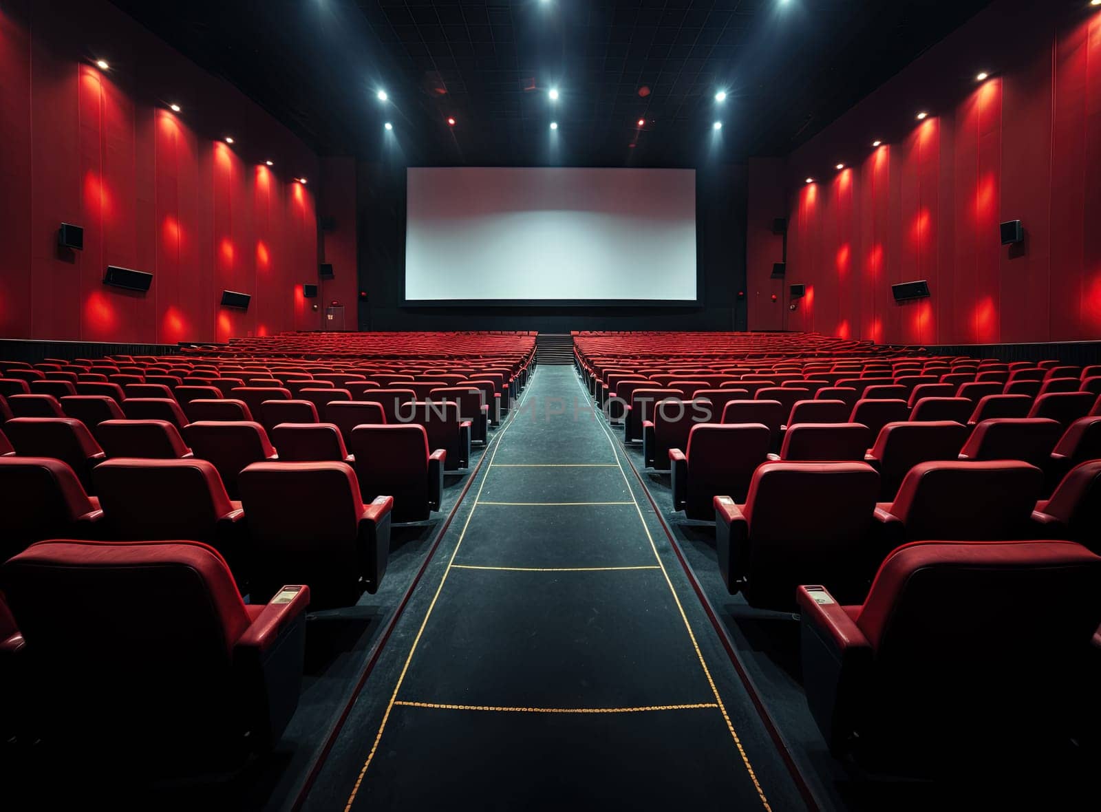 Cinema interior with seats and white screen. Movie theater room with chairs. Generated AI