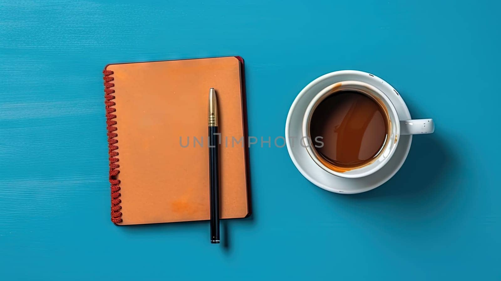 Cup of coffee and notepad with pen, top view. Generated AI