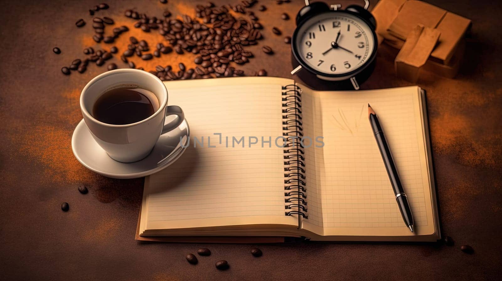 Cup of coffee and notepad with pen composition, top view. Generated AI