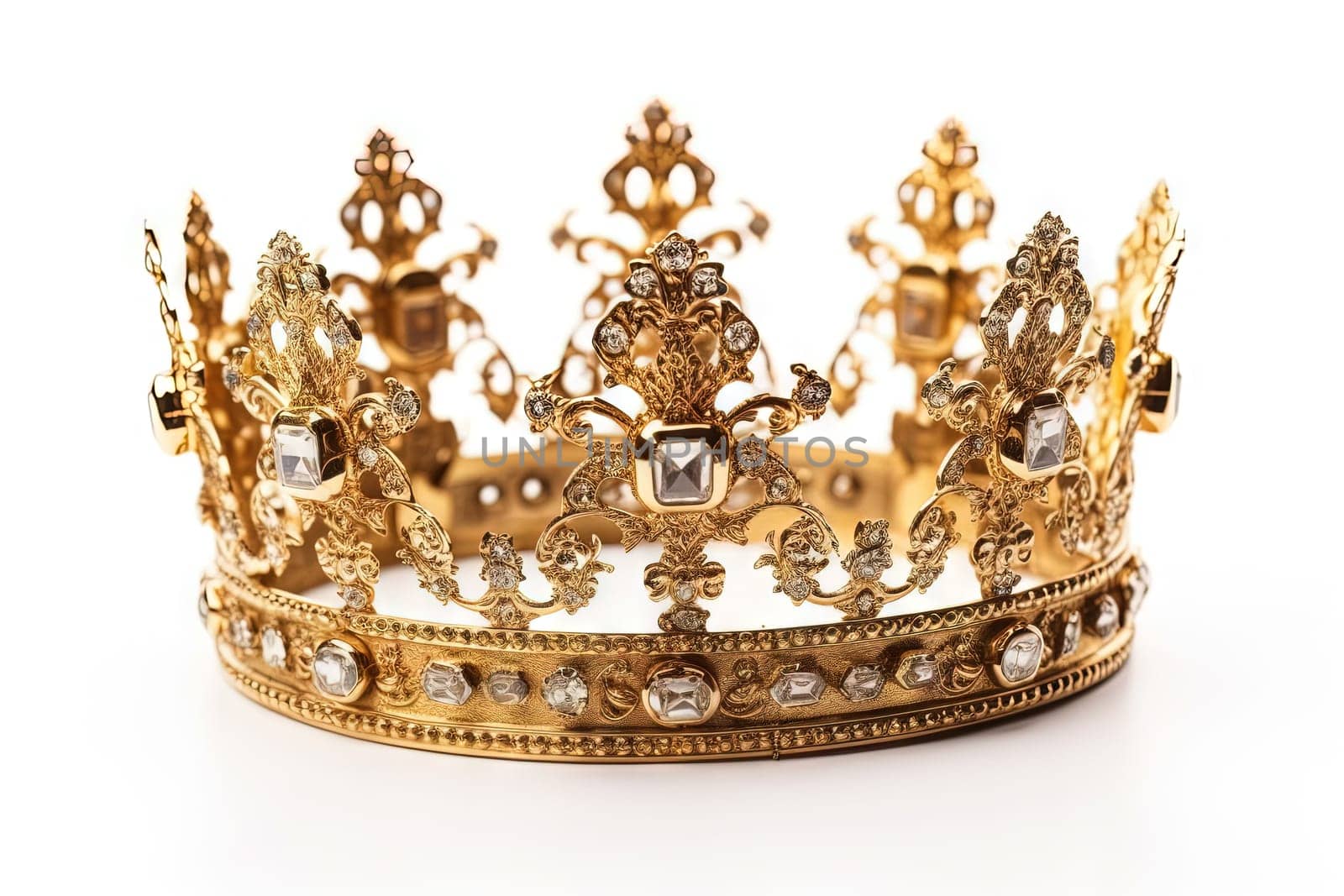 Beautuful shiny crown with medieval ornament and jeewelry. Ancient king or quenn crown. Generated AI