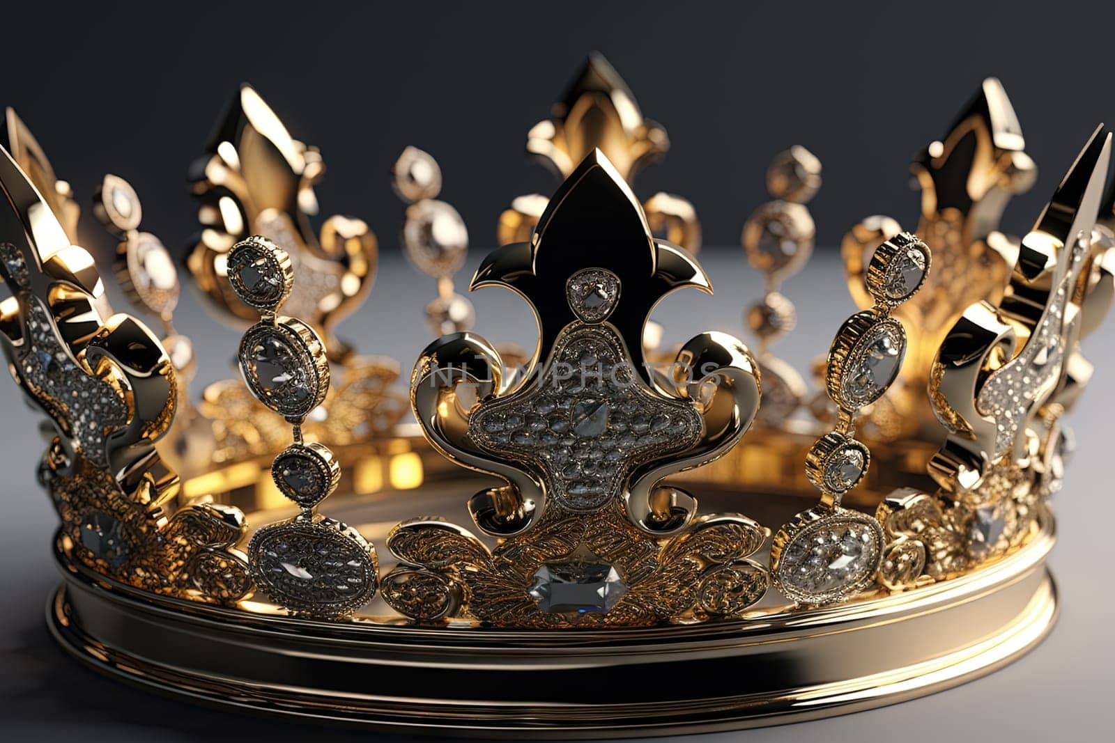 Beautuful shiny crown with medieval ornament and jeewelry. Ancient king or quenn crown. Generated AI