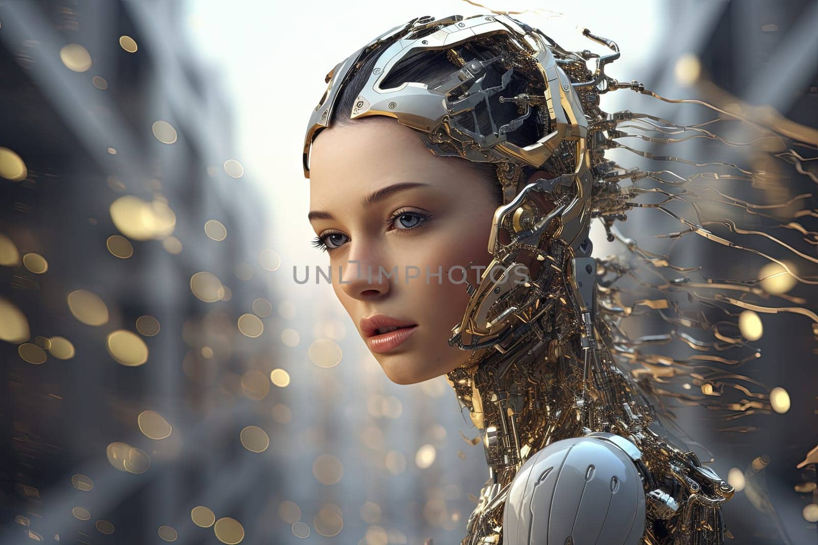 Cyborg or digitally improved human. Artificial intelligence and technology concept with advanced woman. Generated AI. by SwillKch