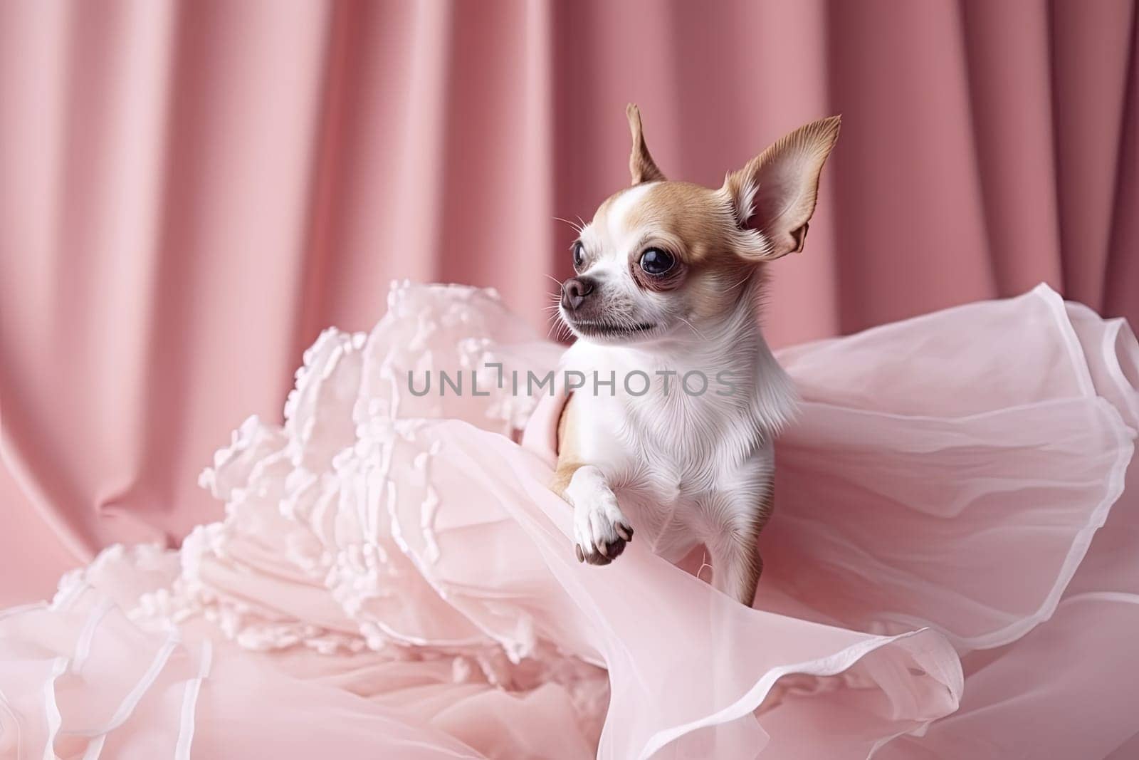 Little cute dog chihuahua in pink room with laces. Generated AI
