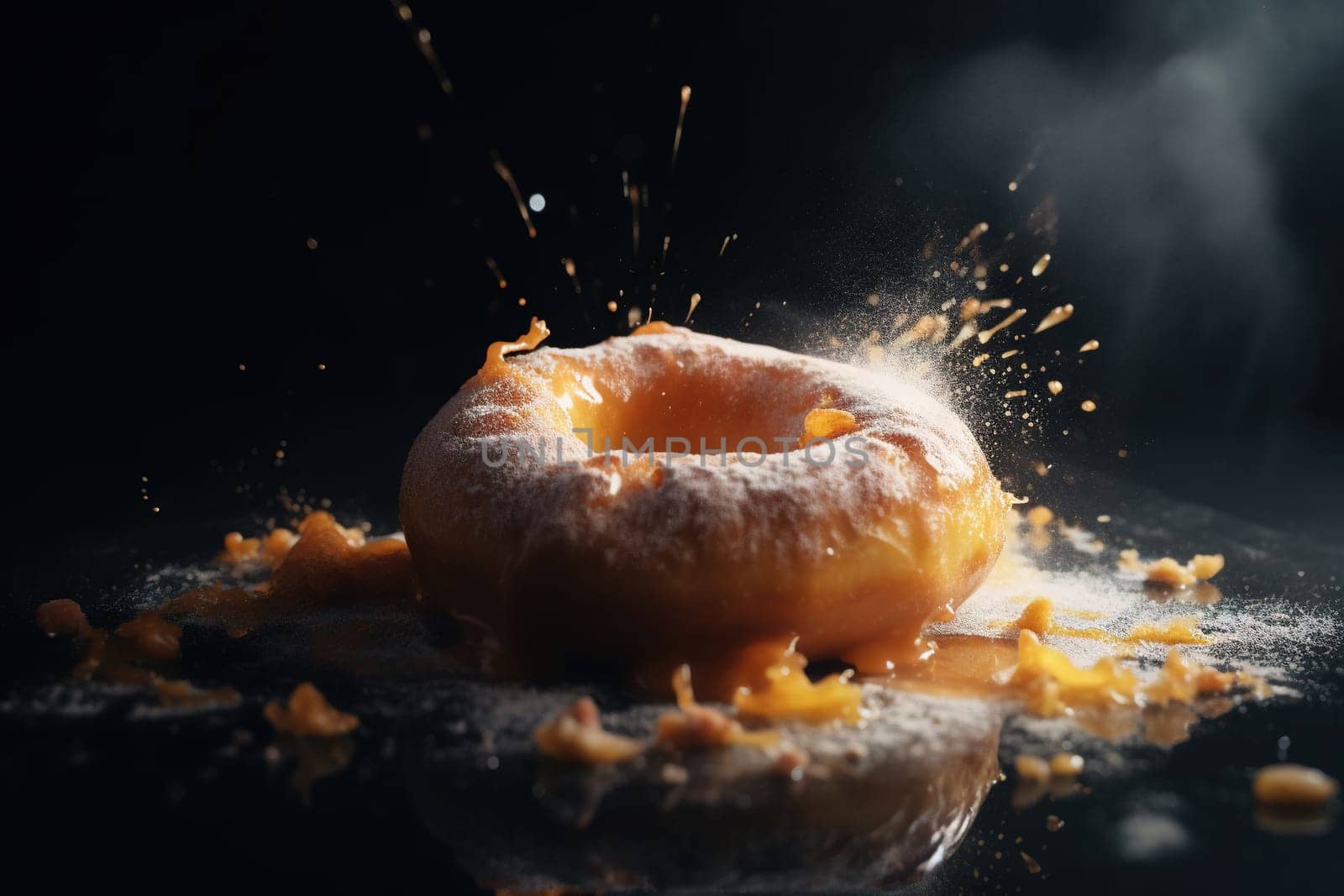 Donut expressive shot with topping and sugar powder splash. Tasty donut food styling image. Generative AI